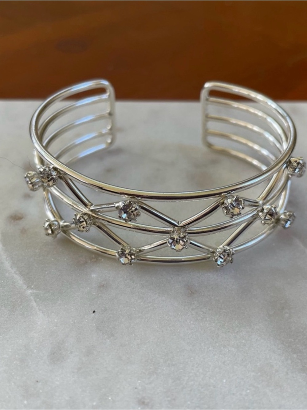 Silver Crystal Accent Open Cuff Bracelet